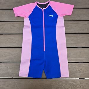 TYR Girls Thermal Swim Suit Zip up Blue Pink  Size 7/8 New Sample